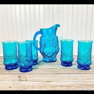 RARE Antique Blue Glass Pitcher Set Five Cups MINT
